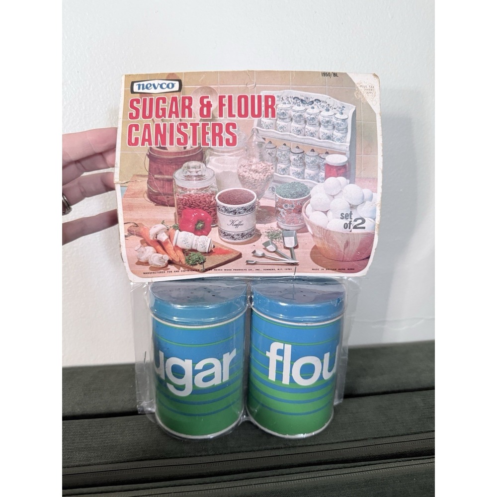 Vintage 70s MCM Groovy Blue Green Metal Canister Set of 2 Retro Sugar & Flour